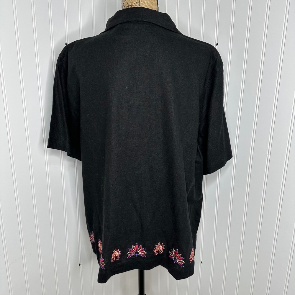 Kim Rogers Linen Blend Shirt Black Beaded Floral Embroidered Button Up Sz 1X - Picture 4 of 16